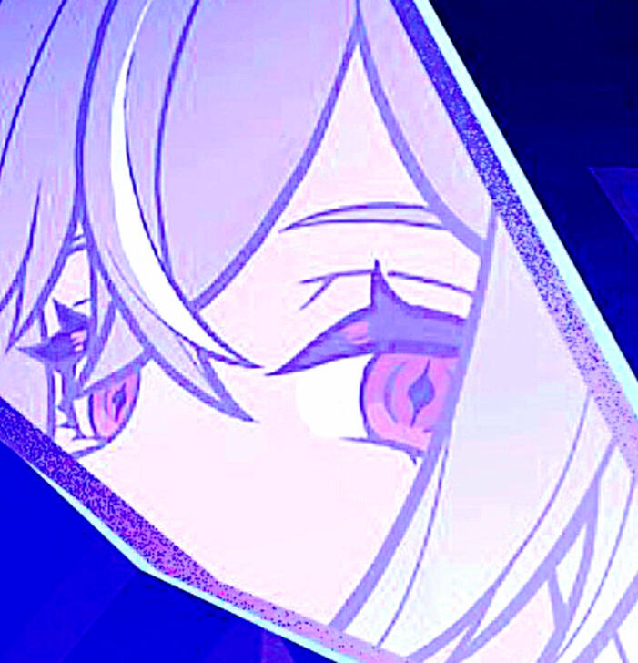 A pale purple close-up of pink, sharp-pupiled eyes, diagonally bordered in stark blue.